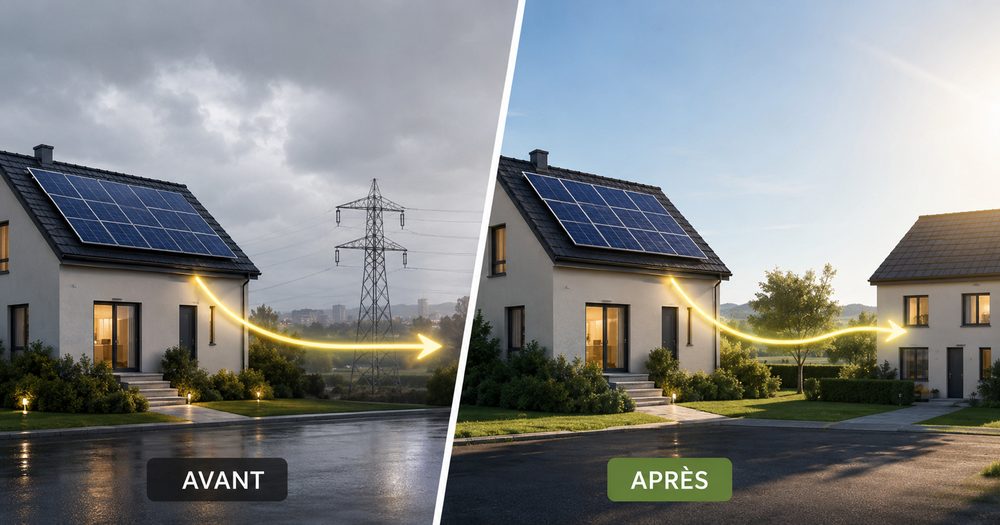 À gauche, sous un ciel gris, le surplus d'une maison part vers une ligne à haute tension. À droite, sous un ciel dégagé, il rejoint la maison voisine.
