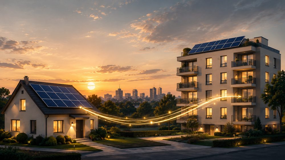 Une maison équipée de panneaux solaires et un immeuble collectif reliés par un flux d'électricité, au coucher du soleil.