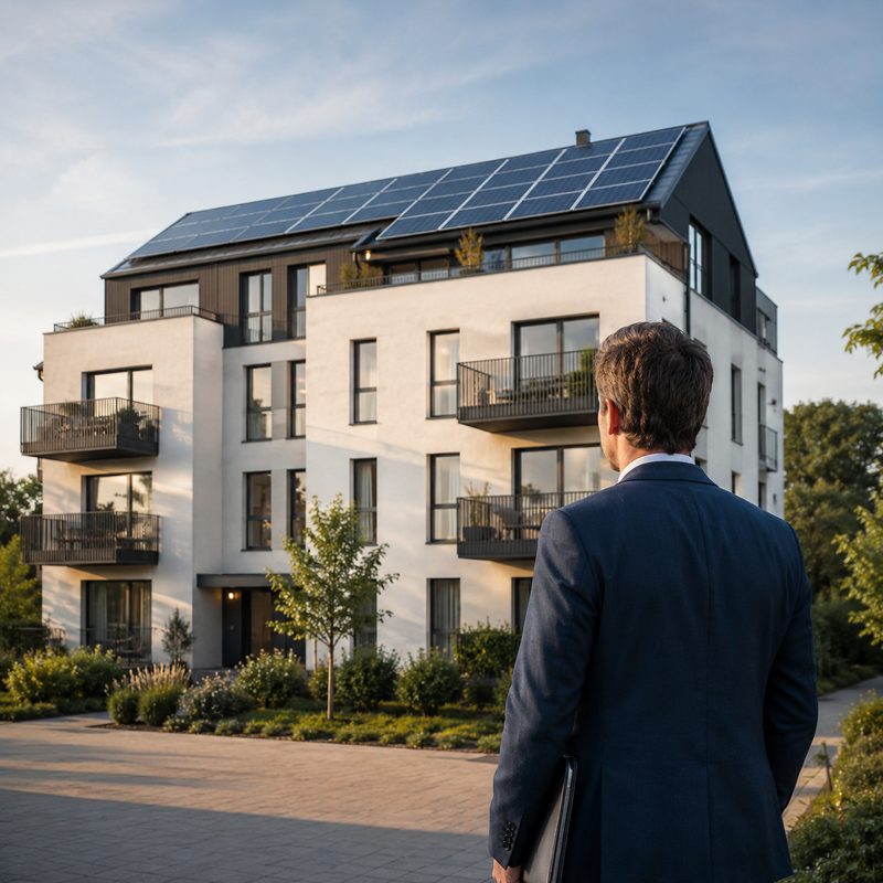 Un gestionnaire observe un immeuble de logements équipé de panneaux solaires en toiture.