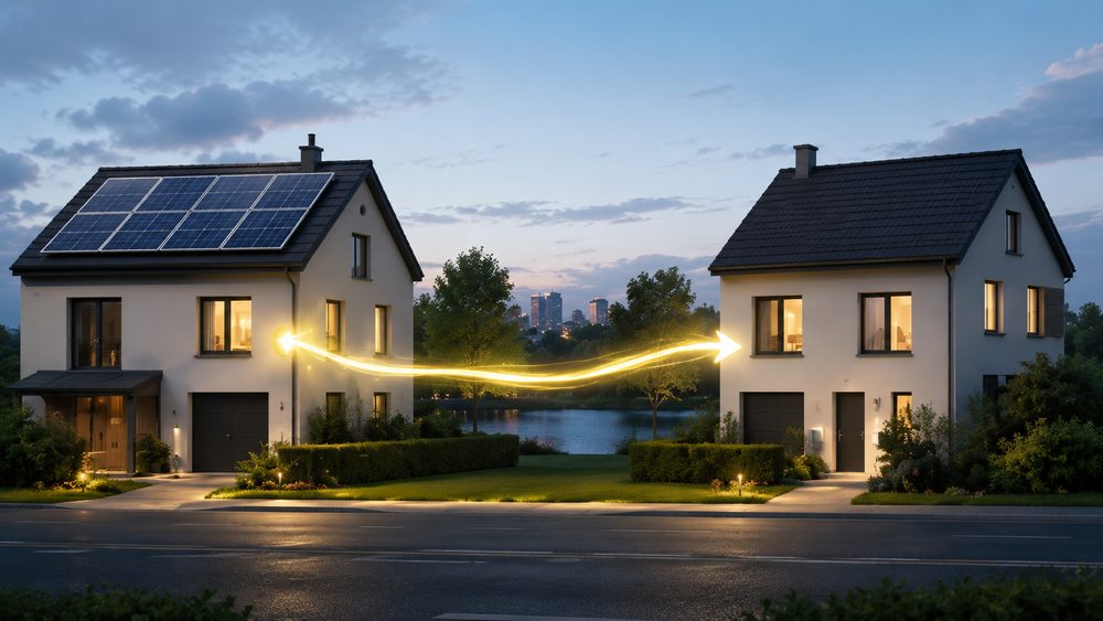 Deux maisons voisines reliées par un flux d'électricité, à la tombée du jour.