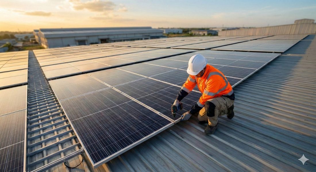 Un installateur fixe des panneaux photovoltaïques sur la toiture d'un bâtiment.
